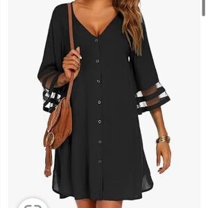 Women Aolro Flared Sleeve Beach Cover Up Loose V-Neck Button Down Cardigan